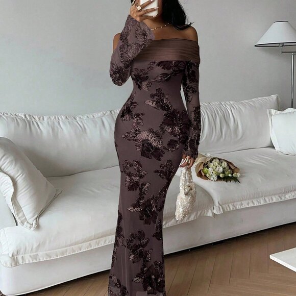Coffee Brown Elegant Women's Floral Embroidery Off-Shoulder Maxi Dress - Picture 1 of 6